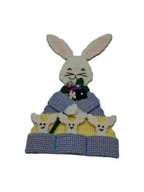 Vtg Needle Point Canvas Art, Spring Easter Bunnies - Fridge Magnet 7.5"